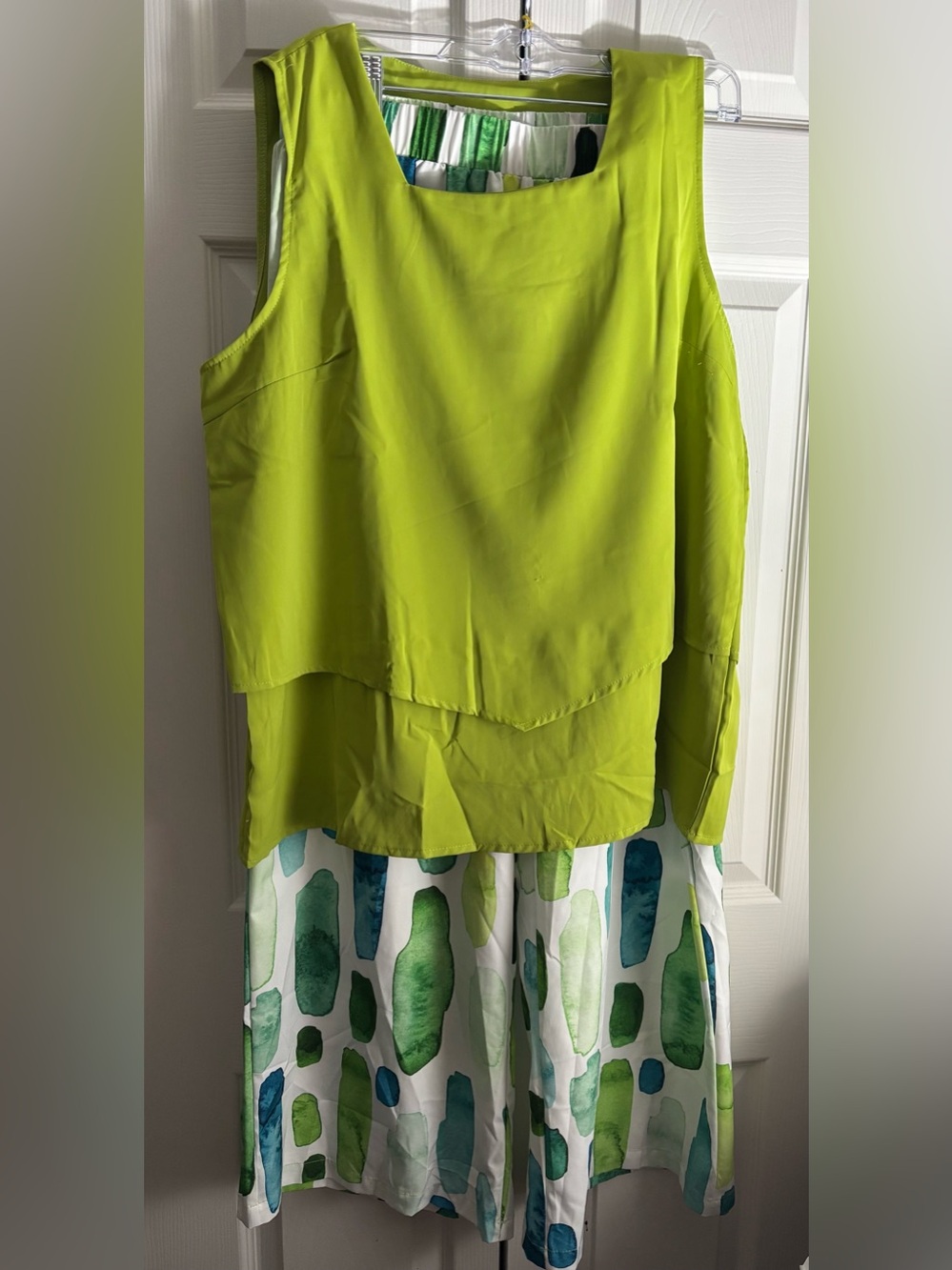 Lime Green 2 Piece Skirt Set Watercolor Print Layered Tank